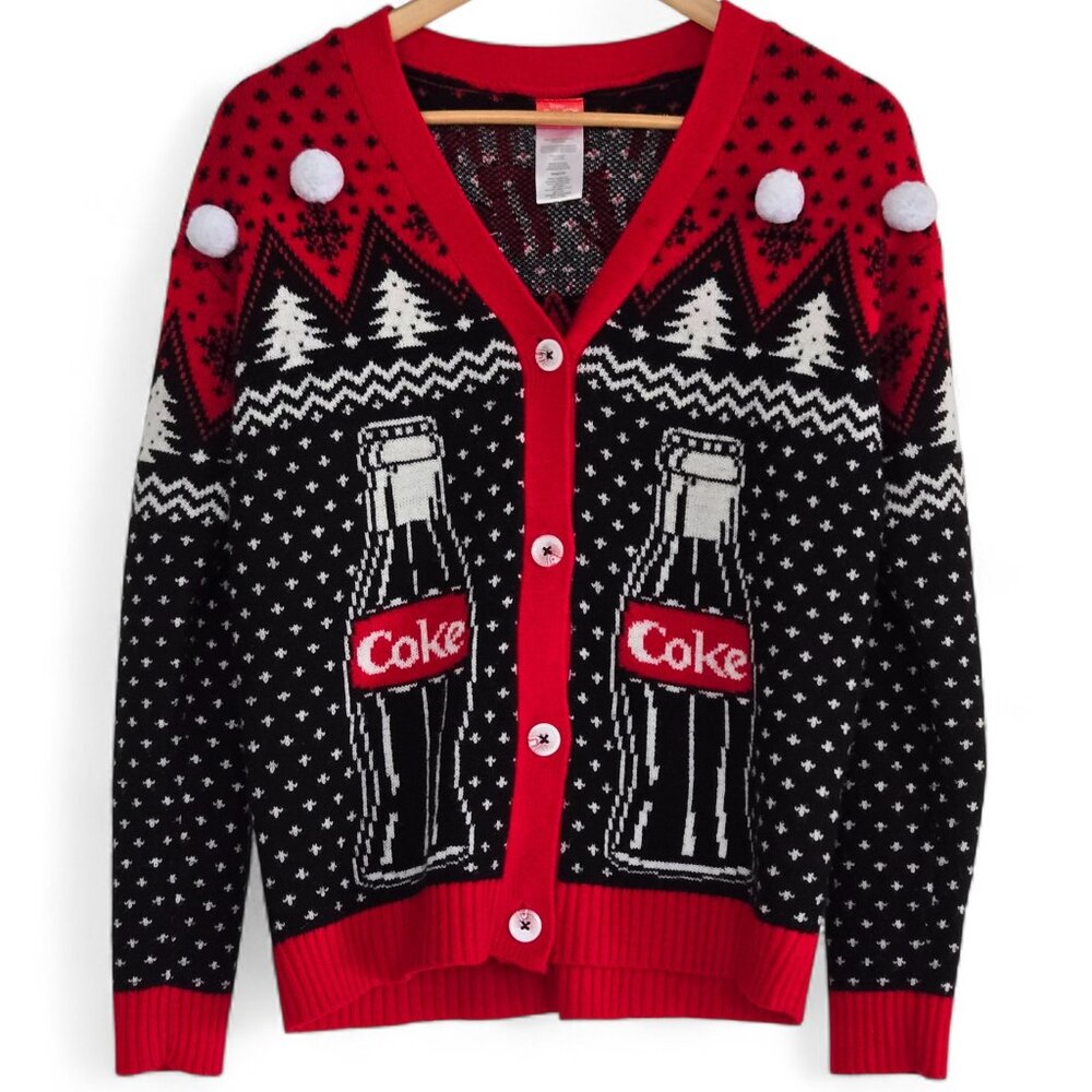 Coca Cola Knitted Ugly Christmas‎ Sweater Women V Neck Cardigan Pom Pom Coke XS